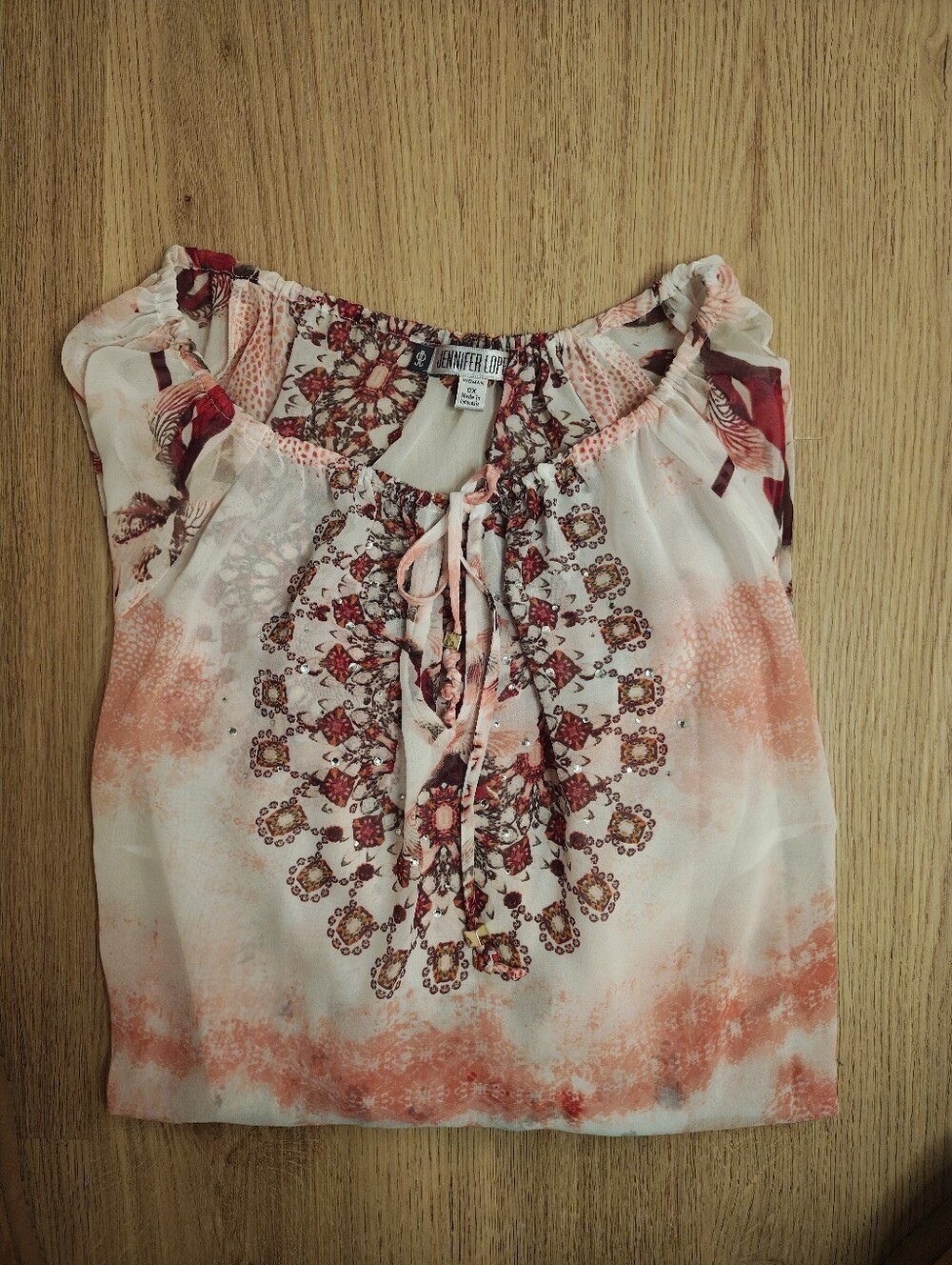 Jennifer Lopez Coral and White Printed Boho Peasant Blouse